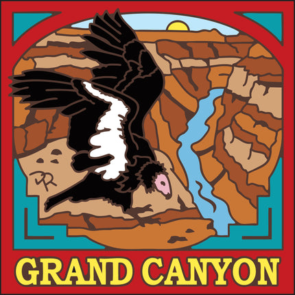 Stylized illustration of the Grand Canyon with an eagle and river, framed by a red border. Grand Canyon Kokopelli Tile | Ceramic Art Trivet | Southwest Gift | Arizona Art