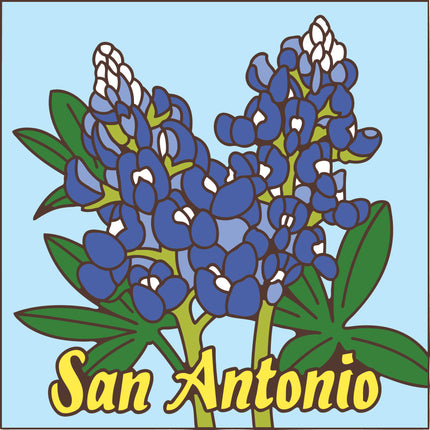 Bluebonnet flowers with 'San Antonio' text on a light blue background, San Antonio Bluebonnets Ceramic Tile Art Trivet | Kitchen Trivet | Unique Texas Gift | Floral Decor
