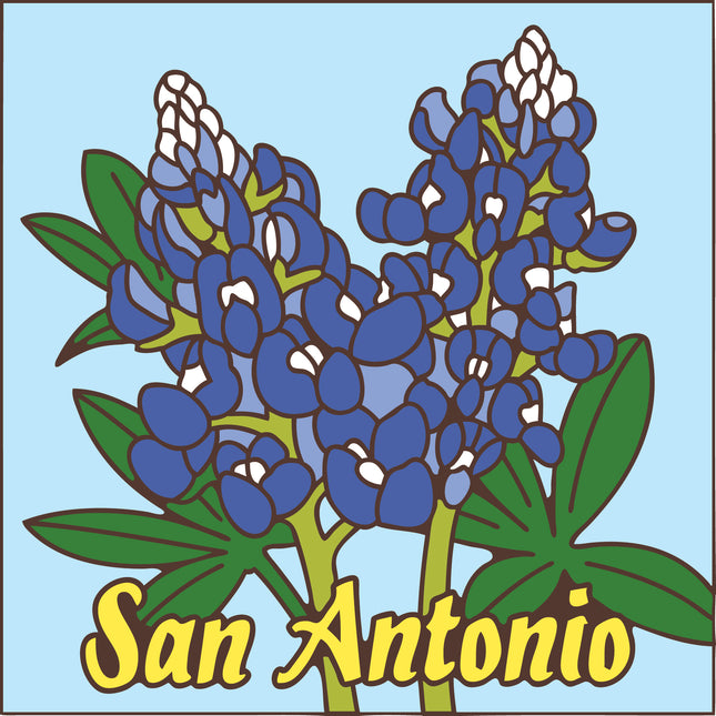 Bluebonnet flowers with 'San Antonio' text on a light blue background, San Antonio Bluebonnets Ceramic Tile Art Trivet | Kitchen Trivet | Unique Texas Gift | Floral Decor