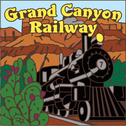 Illustration of a steam train on tracks with 'Grand Canyon Railway' text and desert landscape. Grand Canyon Railway Tile | Ceramic Art Trivet | Southwest Gift | Arizona Train Art
