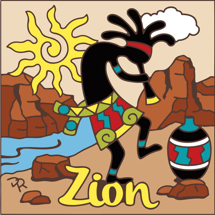 Kokopelli figure with colorful attire and a bottle labeled 'Zion' against a desert landscape. Zion Kokopelli Tile | Ceramic Art Trivet | Southwest Gift | National Park Art