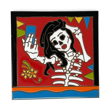 Day of the Dead Selfie - Earthtones Tile - Ceramic tile house sign, wall art gift or kitchen trivet