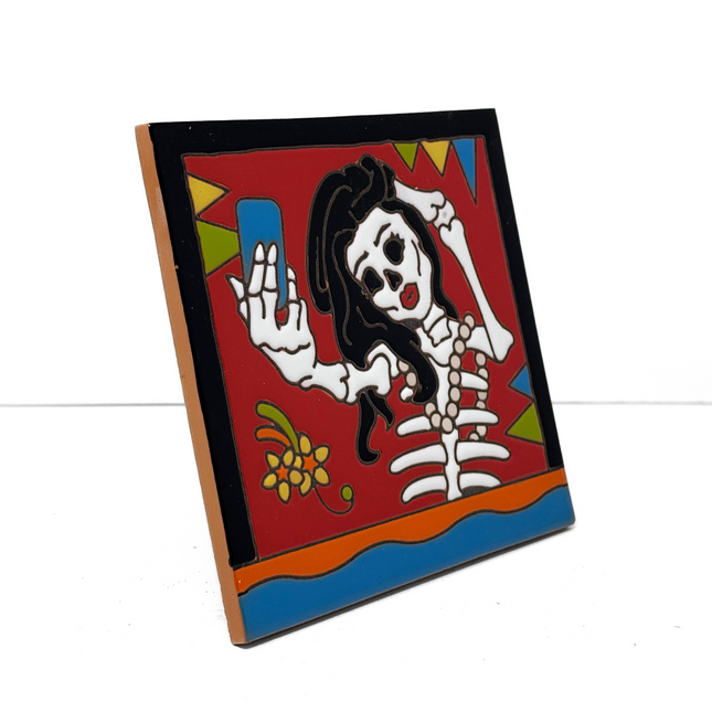 Day of the Dead Selfie - Earthtones Tile - Ceramic tile house sign, wall art gift or kitchen trivet