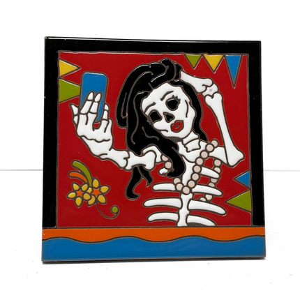 Day of the Dead Selfie - Earthtones Tile - Ceramic tile house sign, wall art gift or kitchen trivet