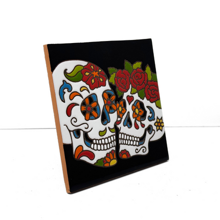 Day of the Dead The Happy Couple - Earthtones Tile - Ceramic tile house sign, wall art gift or kitchen trivet