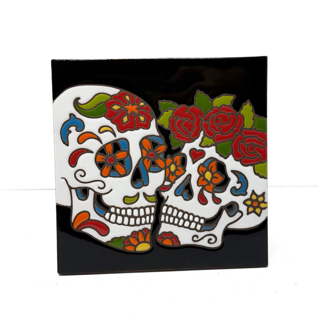 Day of the Dead The Happy Couple - Earthtones Tile - Ceramic tile house sign, wall art gift or kitchen trivet