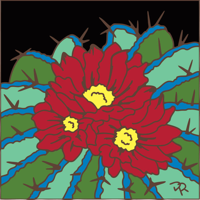 Colorful illustration of a red flower with yellow centers on a black background ceramic tile