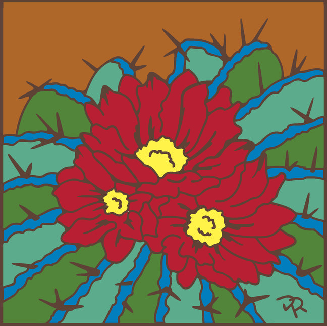 Colorful illustration of a red flower with yellow centers on a green cactus background. ceramic tile barrel cactus
