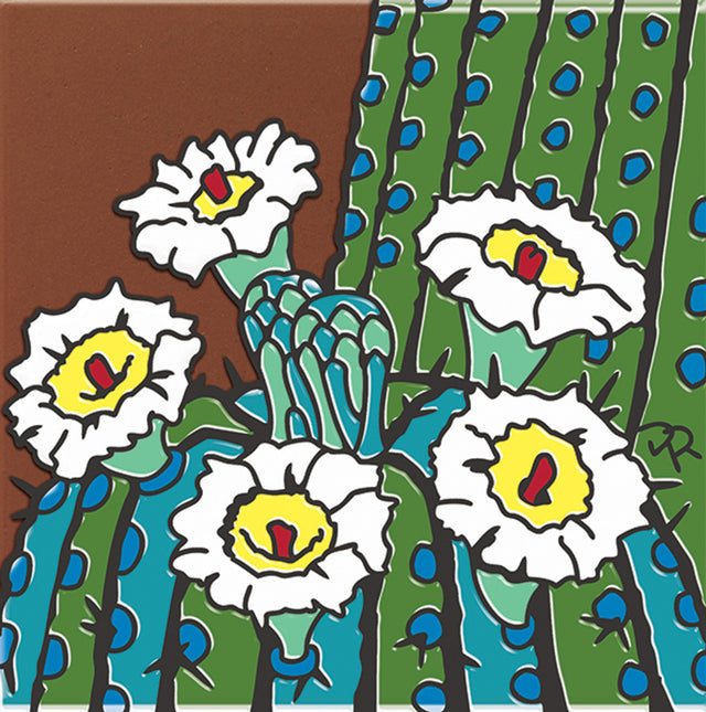 Saguaro Cactus Blooms | Southwest Arizona ceramic tile art trivet | Kitchen gift for desert lovers