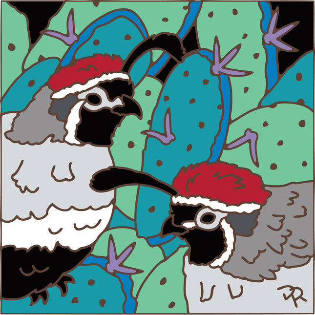 Two cartoonish birds with red hats on a green background with cacti. gambel's quail art