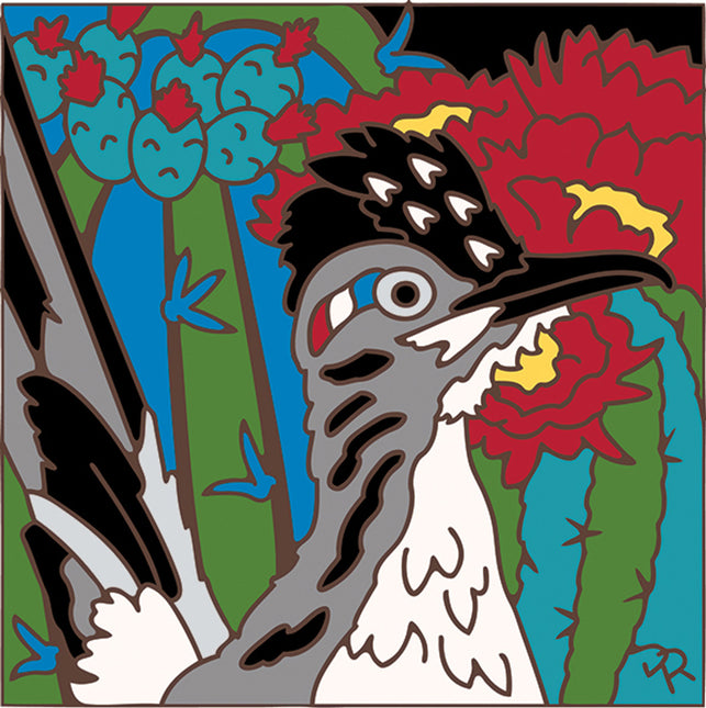 Roadrunner and Barrel Cactus Tile Art Trivet | Southwest Gift | New Mexico Art Gift