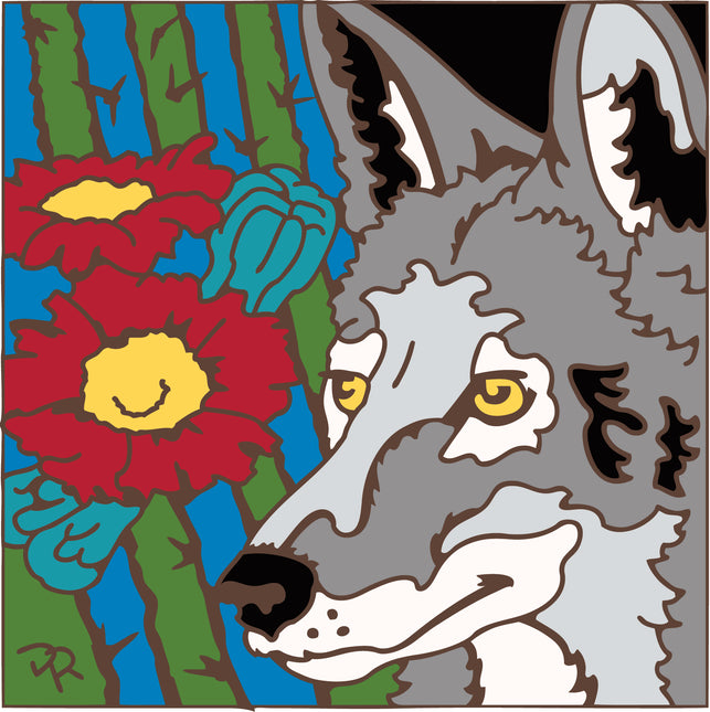 Colorful illustration of a wolf and flowers with a signature in the corner.