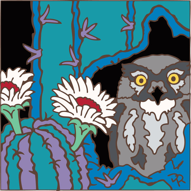 Colorful illustration of an owl and flowers with a stylized background