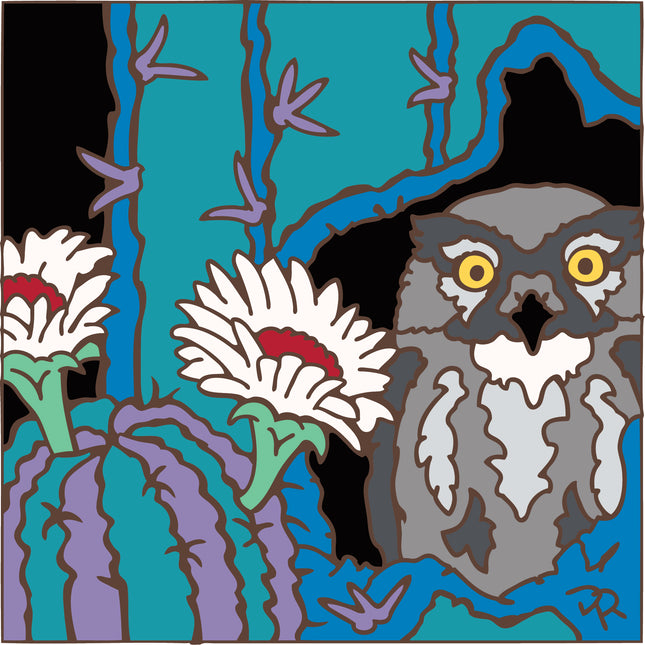 Colorful illustration of an owl and flowers with a stylized background
