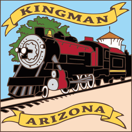 Illustration of a steam train with 'Kingman, Arizona' text on a colorful background, Kingman, Arizona Train Tile | Ceramic Art Trivet | Southwest Gift | Arizona Train Art
