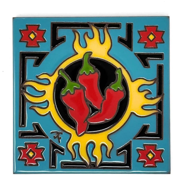 Zia Chilis Zia ceramic tile art gift | New Mexico Gift | Kitchen Trivet | Chili Peppers