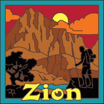 Illustration of a hiker in Zion National Park with mountains and sunset. Zion National Park Hiker Ceramic Tile | 6"x6" Hand-Glazed Art for National Park and Hiking Enthusiasts