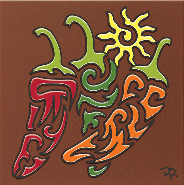 Tribal Chili Peppers Tile | Southwest Arizona ceramic tile art trivet | Kitchen gift for chili lovers
