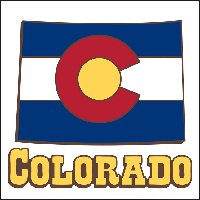 Flag of Colorado with a red 'C' and yellow center on a blue and white background, featuring the word 'COLORADO' below.
