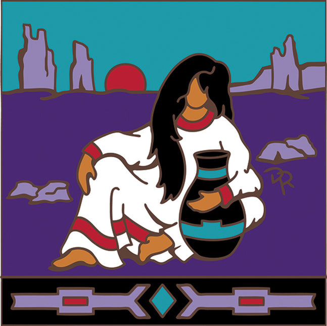 Native American Woman with Pottery Ceramic Tile Trivet or Wall Art - Hand Glazed Arizona Desert Art Gift - L. Kuhne