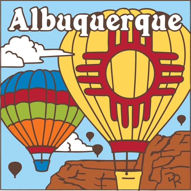 Colorful illustration of hot air balloons with 'Albuquerque' text and a red sun design. Albuquerque Hot Air Balloons Ceramic Tile | New Mexico Gift | Southwestern Wall Decor | Colorful Kitchen Trivet