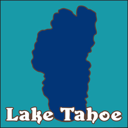 Map of Lake Tahoe in blue on a teal background with 'Lake Tahoe' text.