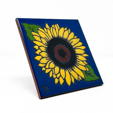Sunflower Tile on Cobalt Blue - Ceramic Tile Art Gift for Nature Lovers - Garden Gift