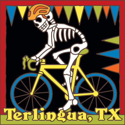 Skeleton riding a bicycle with colorful flags and 'Terlingua, TX' text