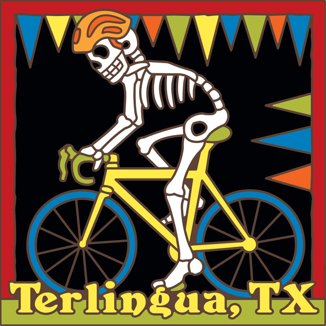 Skeleton riding a bicycle with colorful flags and 'Terlingua, TX' text