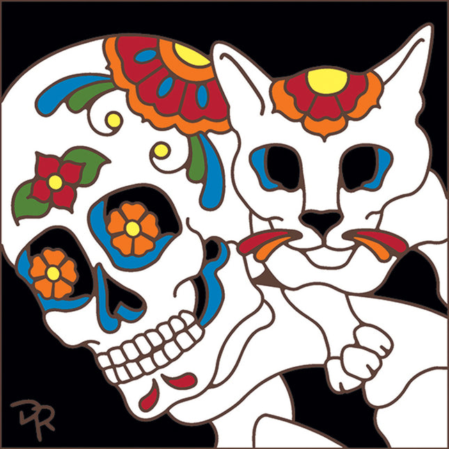Day of the Dead Guy with Cat Tile - Cat Lover Gift - Ceramic Tile Trivet Art  | Pet Memorial Gift