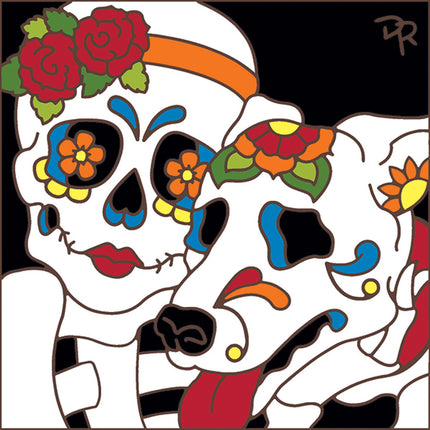 Day of the Dead Gal with Dog Tile- Dog Lover Gift - Ceramic Tile Trivet Art  | Pet Memorial Gift
