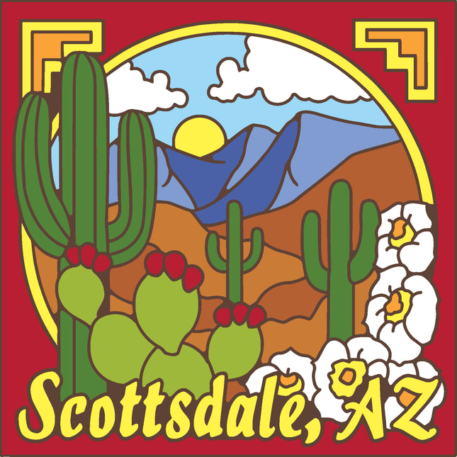 Illustration of cacti and a desert landscape with 'Scottsdale, AZ' text on a red background, Scottsdale Saguaro Desert Scene Ceramic Tile Trivet or Wall Art | Hand Glazed AZ Desert Art Gift | Colorful Cactus Wall Decor Arizona