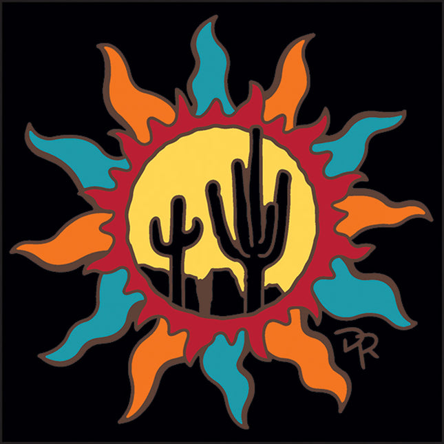 Southwest Sun with Saguaros Ceramic Tile Trivet or Wall Art | Hand Glazed Arizona Desert Art Gift | Colorful Cactus Wall Decor