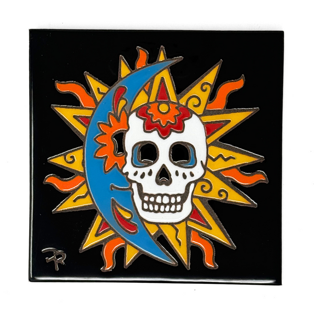 Day of the Dead Sun and Moon - Earthtones Tile - Ceramic tile house sign, wall art gift or kitchen trivet