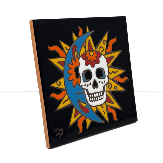 Day of the Dead Sun and Moon - Earthtones Tile - Ceramic tile house sign, wall art gift or kitchen trivet