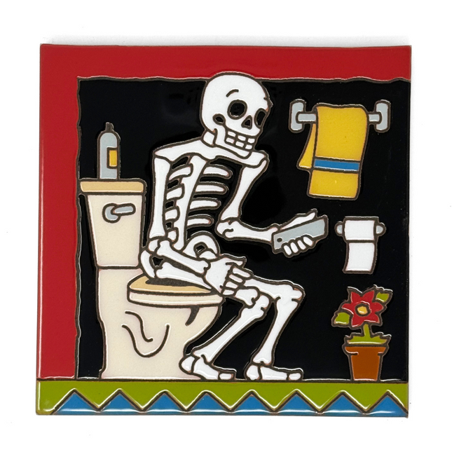 Day of the Dead Phone on Toilet - Earthtones Tile - Ceramic tile house sign, wall art gift or kitchen trivet