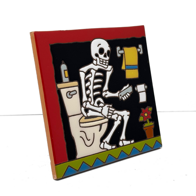 Day of the Dead Phone on Toilet - Earthtones Tile - Ceramic tile house sign, wall art gift or kitchen trivet