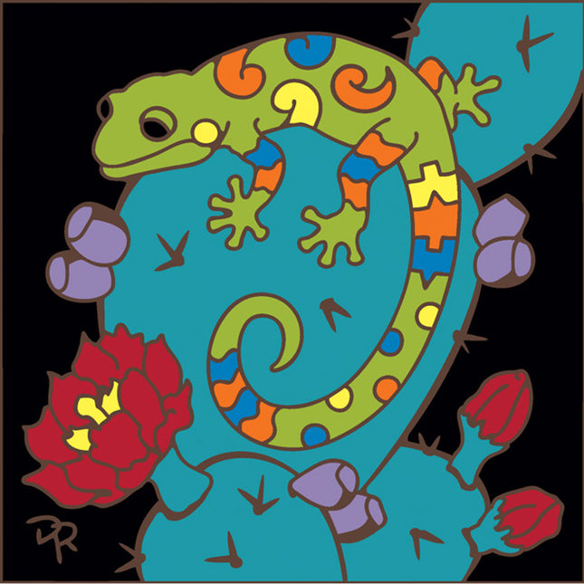 Southwest Gecko / Lizard on Prickly Pear Cactus | Reptile Art Gift | Ceramic Tile Trivet | Desert Wall Decor