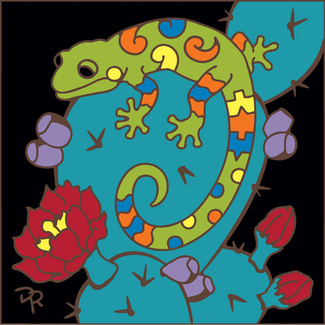 Southwest Gecko / Lizard on Prickly Pear Cactus | Reptile Art Gift | Ceramic Tile Trivet | Desert Wall Decor