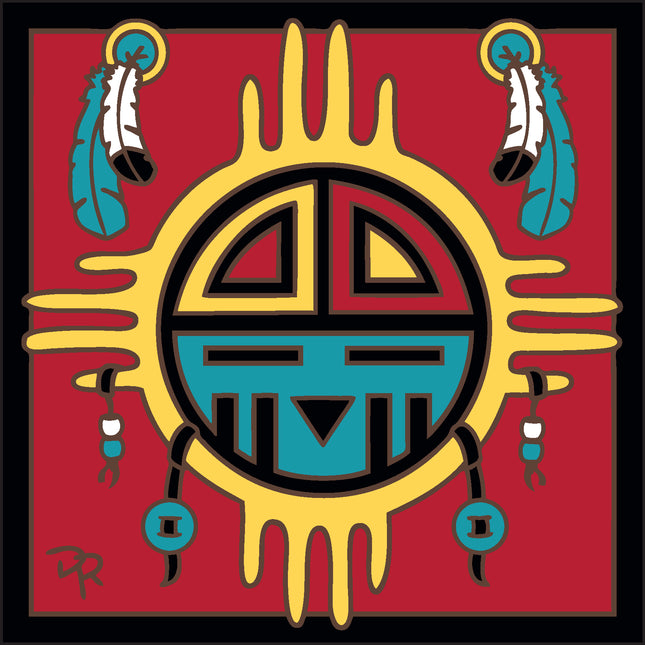 Decorative design with a central symbol on a red background Zia Kachina Ceramic Tile | Trivet or Wall Art | Hand Glazed Desert Art Gift