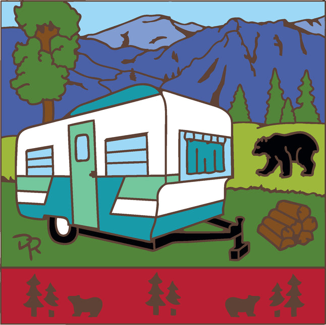 Colorful illustration of a camper trailer with mountains, trees, and a bear in a natural setting. Vintage Camper Van Tile | Art Gift for Travelers and Campers