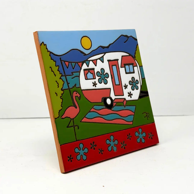 Vintage Camper with Flamingo - Earthtones Tile - Ceramic tile house sign, wall art gift or kitchen trivet