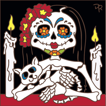 Skeletal figure with colorful makeup and a cat, surrounded by candles on a black background, Day of the Dead Lady with Cat Tile - Cat Lover Gift - Ceramic Tile Trivet Art  | Pet Memorial Gift