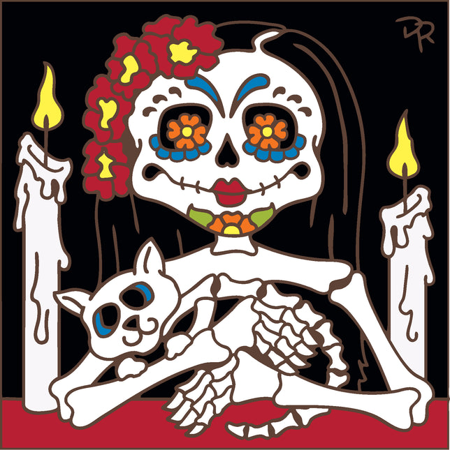 Skeletal figure with colorful makeup and a cat, surrounded by candles on a black background, Day of the Dead Lady with Cat Tile - Cat Lover Gift - Ceramic Tile Trivet Art  | Pet Memorial Gift