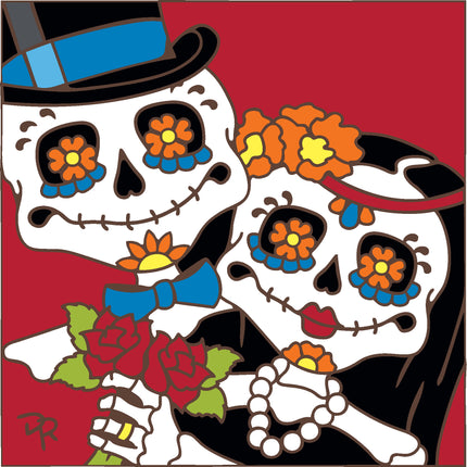 Colorful illustration of two sugar skulls with flowers and a red background, Day of the Dead Couple Tile | Wedding or Anniversary Gift | Dia de los Muertos Art