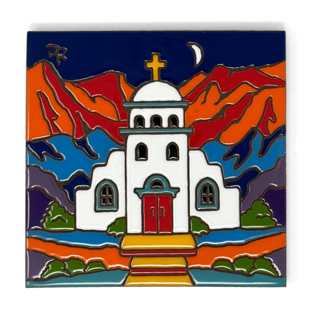 Moonlit Mountain Mission - Earthtones Tile - Ceramic tile house sign, wall art gift or kitchen trivet