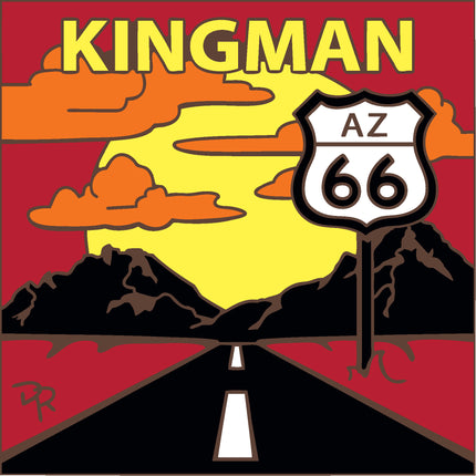 Illustration of a road leading to Kingman, Arizona with Route 66 sign. Route 66 Sunset  - Kingman, Arizona Ceramic Tile Trivet Art Gift | Travel Gift