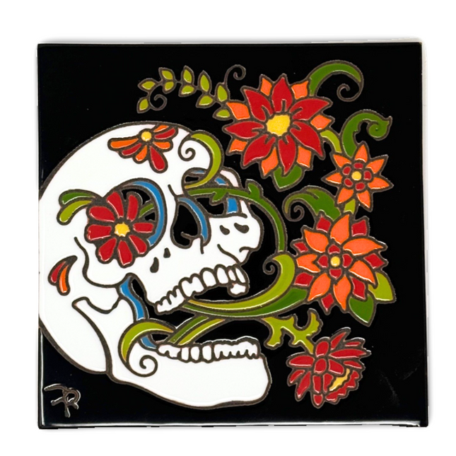 Day of the Dead Blooming Skull - Ceramic Tile Trivet Art Gift