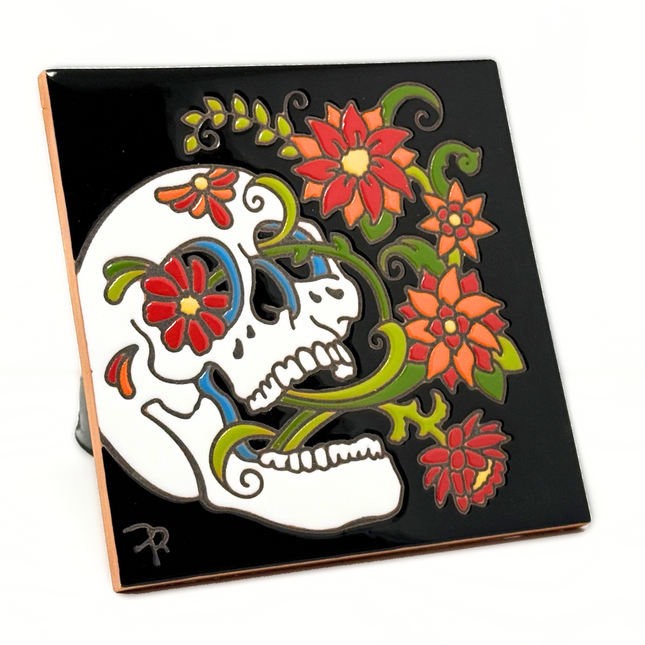 Day of the Dead Blooming Skull - Ceramic Tile Trivet Art Gift