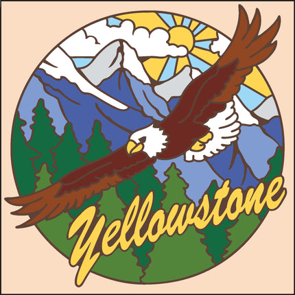 Logo of Yellowstone with an eagle, mountains, and trees on a circular design.